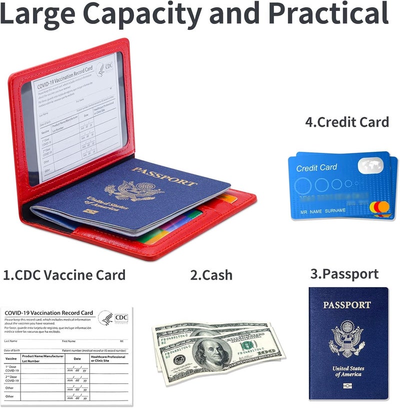 KAOBAN Passport Holder Cover Wallet Case RFID Blocking Leather Card Slot Travel Accessories Documents Organizer Protector for Women Men, Red - Image 3